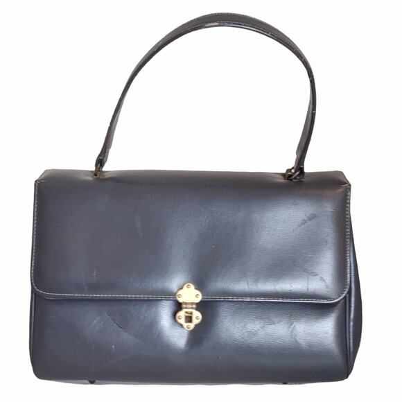 GLAMOUR Vintage Grey Leather Handbag Grandma Core Retro 60's 70's Top Handle - Picture 5 of 11